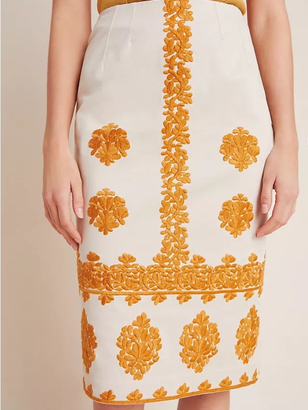 Anthropologie Cream Pencil Skirt Mustard Embroidery, perfect for FALL, classy!!